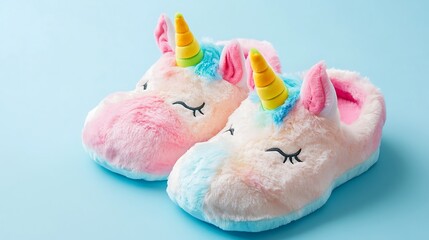 Plush unicorn slippers with rainbow colors on light blue background