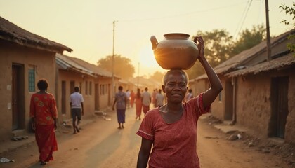 Rural Woman Carrying Clay Pot at Sunset in a Traditional Village
