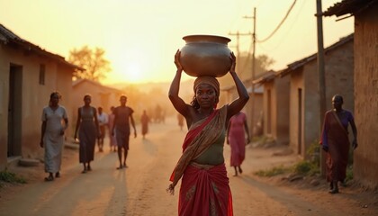 Rural Woman Carrying Clay Pot at Sunset in a Traditional Village