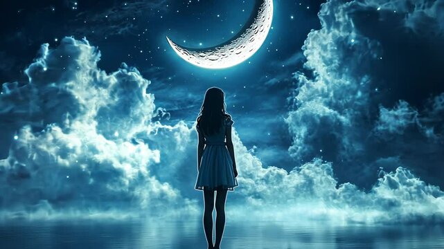 A girl stands on the water, looking at the crescent moon in the sky, in a fantasy world with a fantasy-style background, blue tones, and a dreamy atmosphere. 