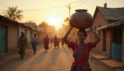 Rural Woman Carrying Clay Pot at Sunset in a Traditional Village