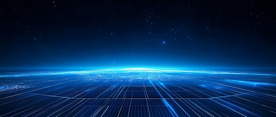 A digital landscape depicting a futuristic horizon with glowing lines and stars.