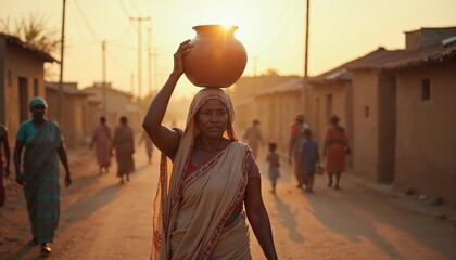 Rural Woman Carrying Clay Pot at Sunset in a Traditional Village