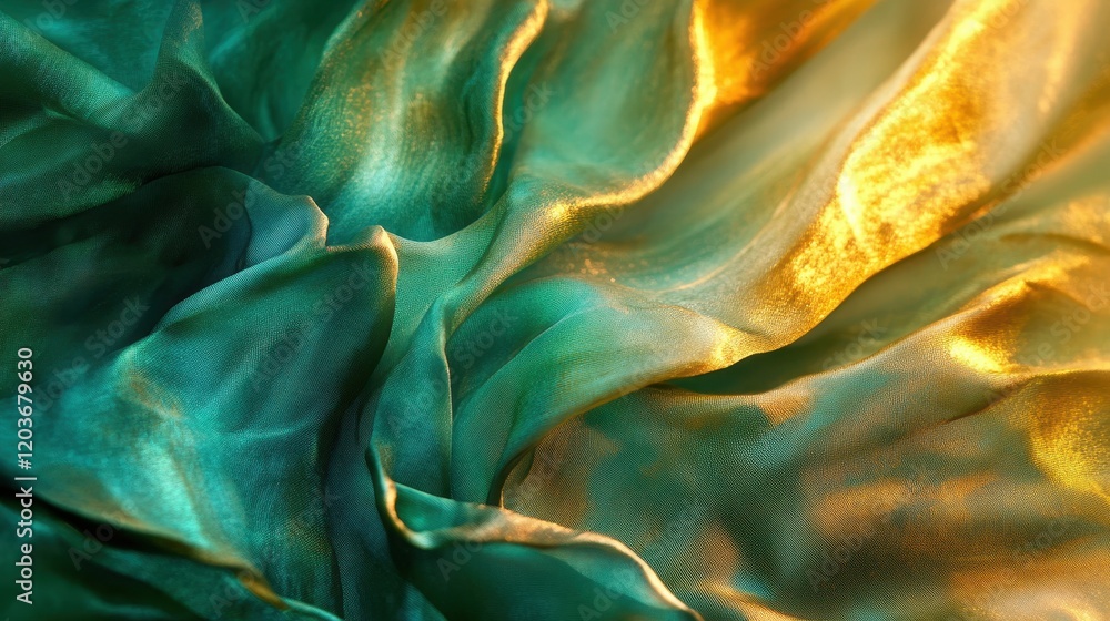 Poster Abstract Emerald Green and Gold Fabric Texture with Soft Waves and Shimmering Light.