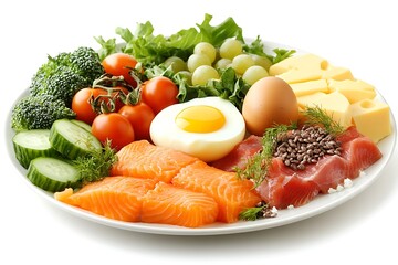 A vibrant plate featuring various healthy foods like salmon, vegetables, and eggs.