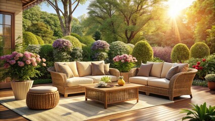 Obraz premium Elegant Outdoor Rattan Furniture Set with Beige Cushions for Luxurious Patio and Garden Decor, Perfect for Stylish Entertaining and Relaxation in Outdoor Spaces