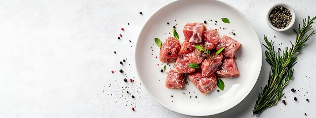 Fresh raw meat cubes garnished with herbs, ready for cooking.
