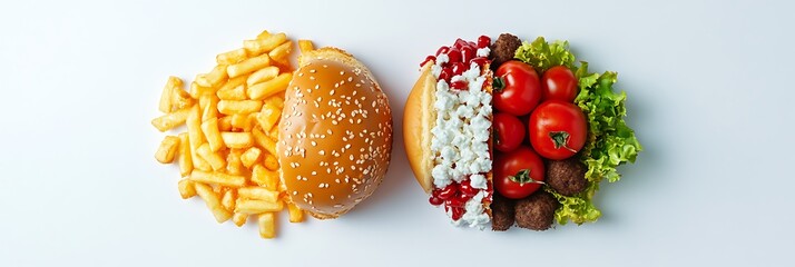 A burger with colorful toppings and fries, showcasing a fun food design.