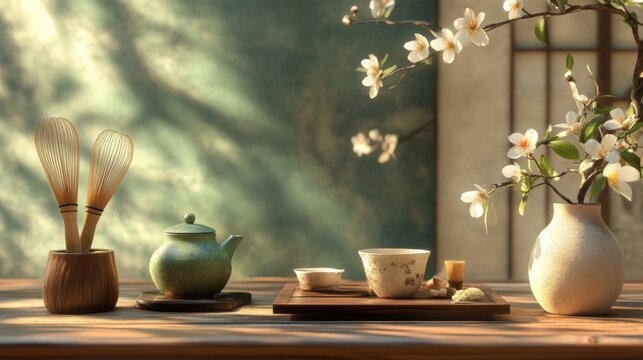 A peaceful tea-making scene with traditional matcha utensils and flowers