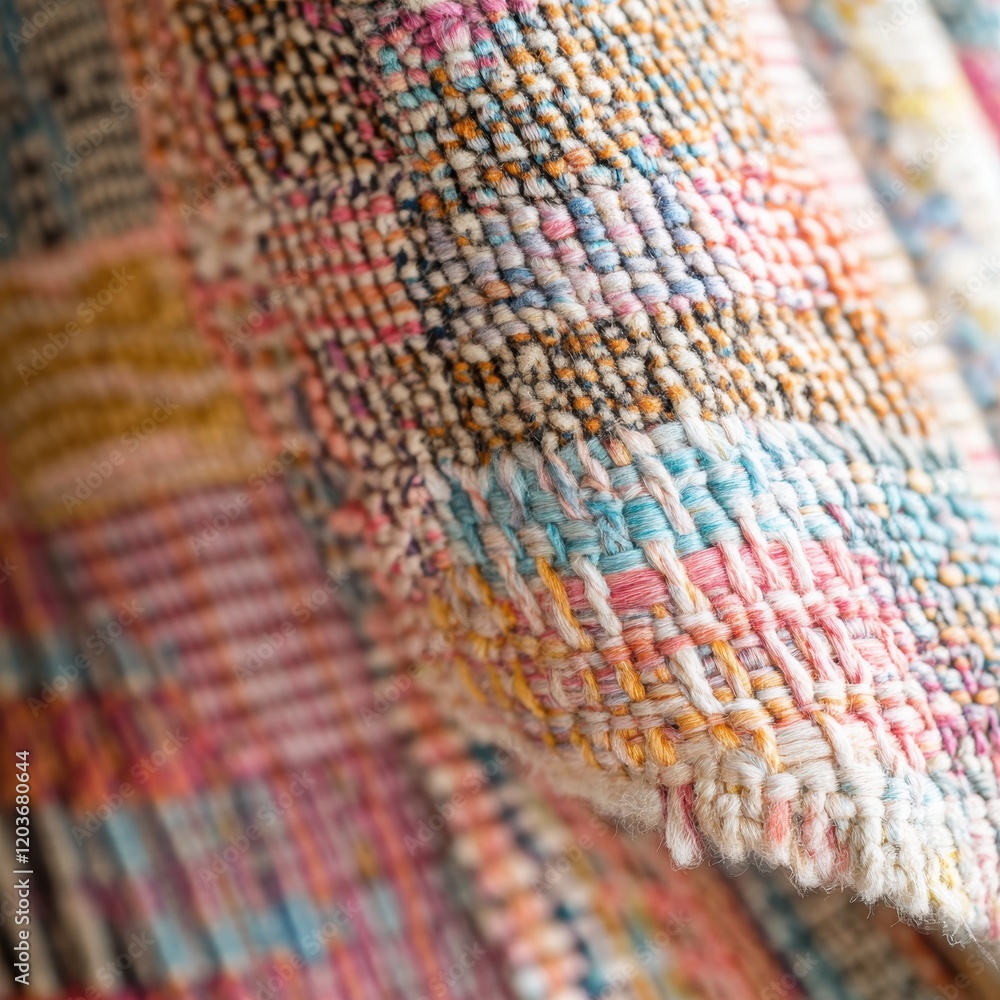 Poster close-up of multicolored handwoven textile texture with visible threads