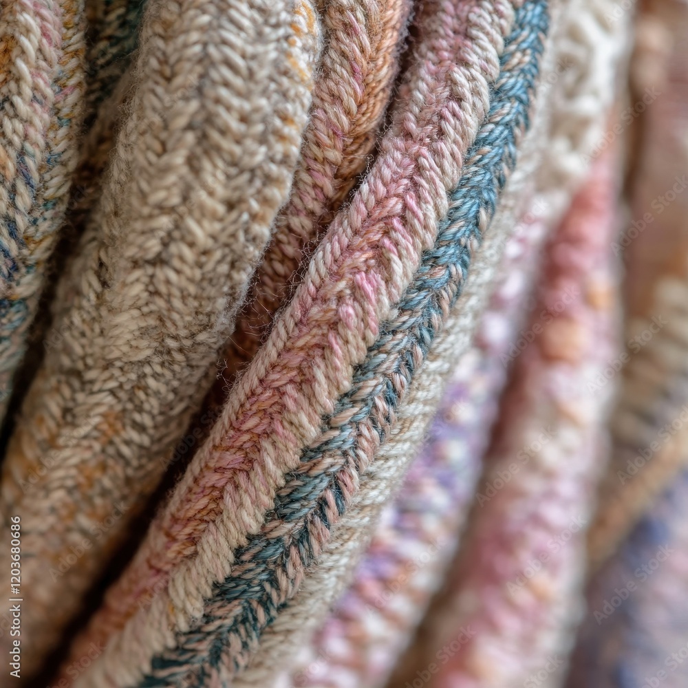 Poster close-up of woven wool fabric with subtle multicolor stripes and textured weave pattern.