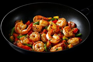 A colorful shrimp stir-fry with vegetables in a black frying pan.