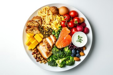 A colorful plate of healthy foods including fish, vegetables, fruits, and grains.
