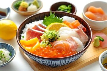 A vibrant bowl of sushi featuring various fish, garnishes, and condiments, ready to enjoy.