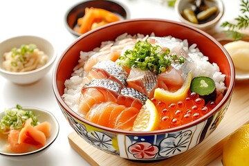 A colorful sushi bowl featuring various fish, rice, and garnishes, served with side dishes.