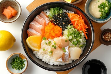 A colorful sushi bowl featuring various fish, vegetables, and garnishes served with lemon.