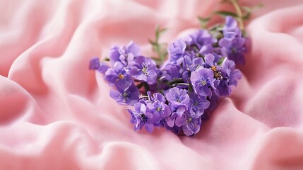 Obraz premium Purple wildflowers in heart shaped bokeh on pink cloth background