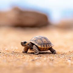 Fototapeta premium Small turtle walking across sandy beach under bright sunlight and clear blue sky in natural habitat