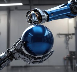 A metallic blue ball sphere is placed on top of a sleek and modern robotic arm, technology, innovation, machinery