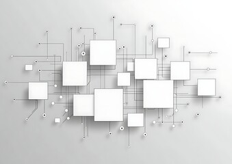 Abstract geometric design with interconnected squares and lines on a light background.