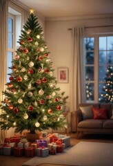 A merry Christmas tree decorated with ornaments and lights in a cozy living room, holiday decoration, decor