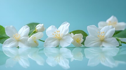 Delicate white jasmine flowers arrange in row with green leaves against light blue pastel background, featuring soft reflection, pure white petals, and fresh spring blossoms.