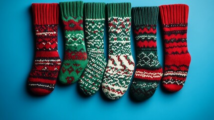 Red and green patterned wool socks on blue background