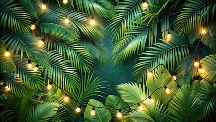 Enchanting Drone Photography of Palm Leaves Framing a Lush Green Backdrop with Twinkling String Lights for a Serene Atmosphere