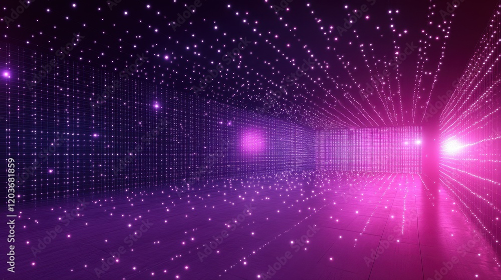 Poster abstract 3d rendering of a luminous gridded structure with purple and pink glow.