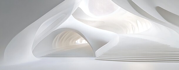 A modern, minimalist interior with flowing shapes and soft light, emphasizing space and design.