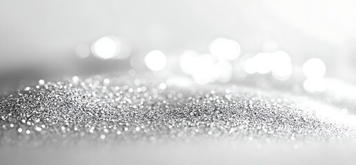 A close-up of shimmering silver particles creating a soft, ethereal background.