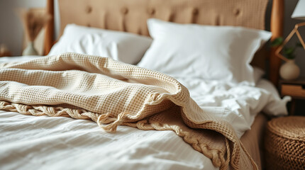 Cozy Beige Blanket on a White Bed: A Serene Bedroom Interior