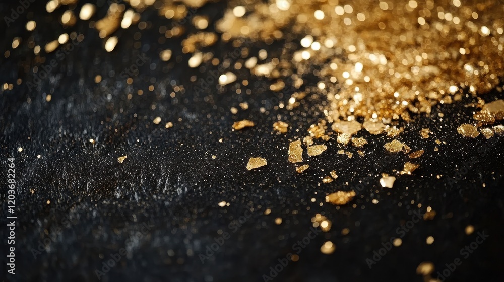 Poster abstract golden glitter particles on dark textured background with bokeh effects.