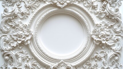Elegant circular white baroque picture frame displays ornate Victorian design with decorative floral scrollwork, vintage antique style, and symmetrical carved pattern in classical wall decor.