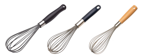 Three kitchen whisks with different handles, including black, navy, and wooden designs, isolated on transparency background