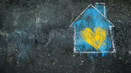 Heartwarming House Drawing in Blue and Yellow Chalk on Asphalt
