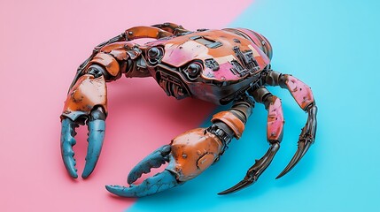 Robot crab with mechanical claws on pink and blue background