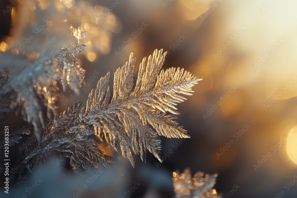 Poster golden hour frost intricate ice crystals forming leaf-like structures with warm bokeh background.