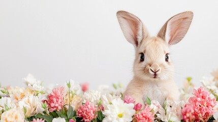 Obraz premium Cute Bunny Sitting in a Colorful Flower Garden