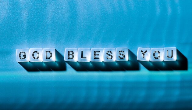 砂浜に書かれた神の祝福の言葉を表すgod bless you。背景は青色。aiで生成	