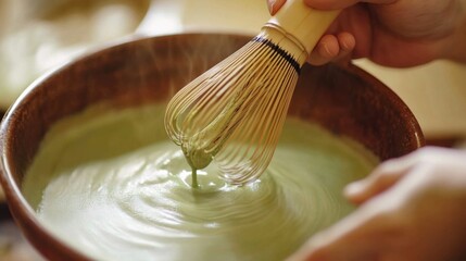 Matcha green tea powder in a ceramic bowl with a bamboo whisk, surrounded by green tea leaves on a wooden background