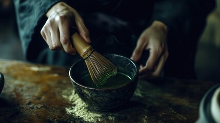 Matcha green tea powder in a ceramic bowl with a bamboo whisk, surrounded by green tea leaves on a wooden background