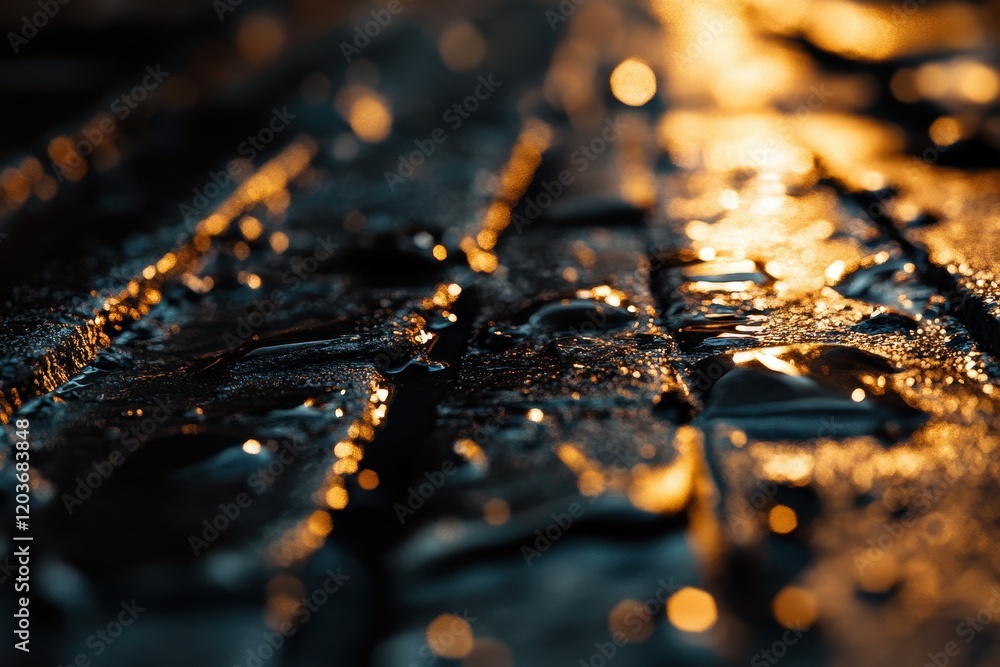 Poster abstract macro close-up of wet dark surface with golden bokeh lights