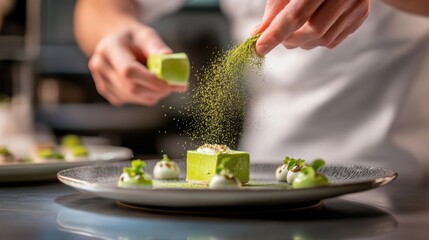 A chef dusting matcha powder over a plate of dessert in a modern kitchen