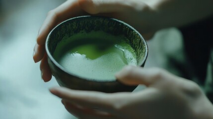 Matcha green tea powder in a ceramic bowl with a bamboo whisk, surrounded by green tea leaves on a wooden background