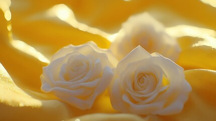 Romantic heart bokeh on white roses on yellow cloth background
