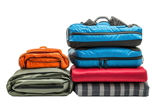 A row of luggage with a variety of colors and sizes. on transparent background.