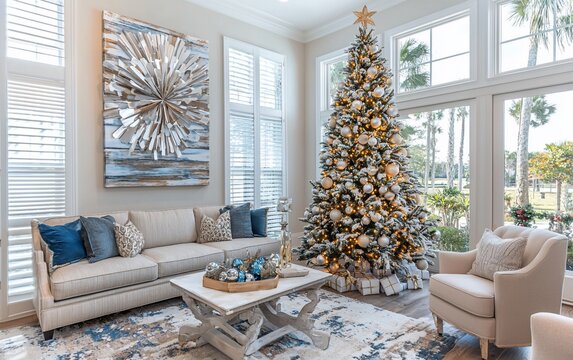 Elegant living room with Christmas tree, sofa, and large windows.
