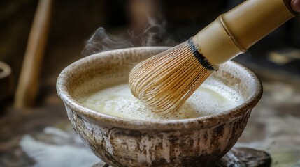 Matcha green tea powder in a ceramic bowl with a bamboo whisk, surrounded by green tea leaves on a wooden background