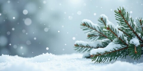 Winter Wonderland A Snow-Covered Evergreen Branch Resting Gently on a Fresh Blanket of Snow, with a Softly Falling Snow Background